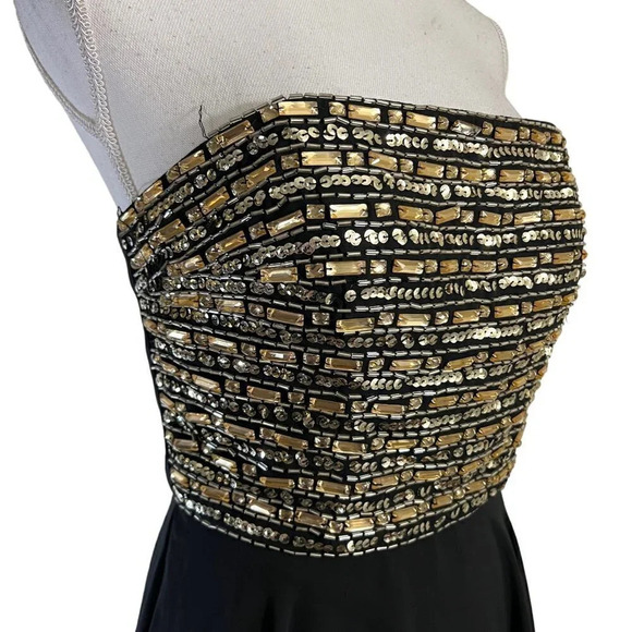 Aqua Strapless Beaded Sequins Dress Size 8 Short Lace Up Backside Black and Gold - Picture 3 of 12